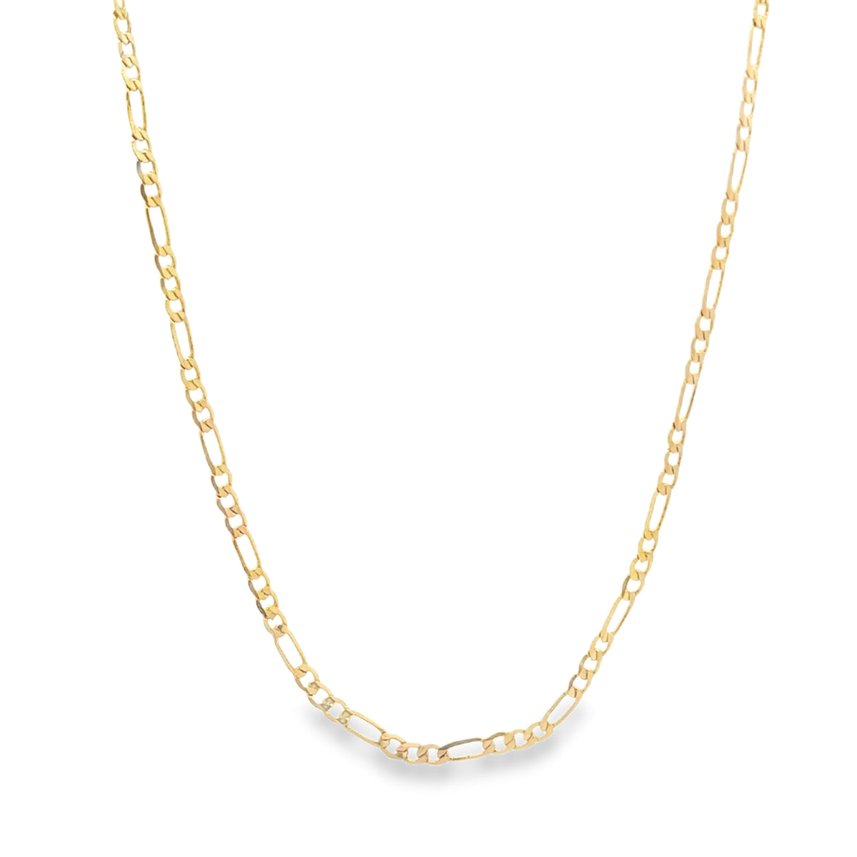 A delicate yellow gold Figaro chain necklace rests in a gentle curve against a clean white background.