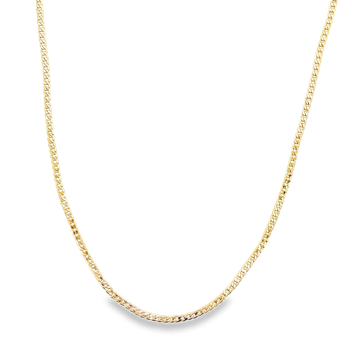 A delicate gold chain necklace hangs in a smooth U-shape against a plain white background.