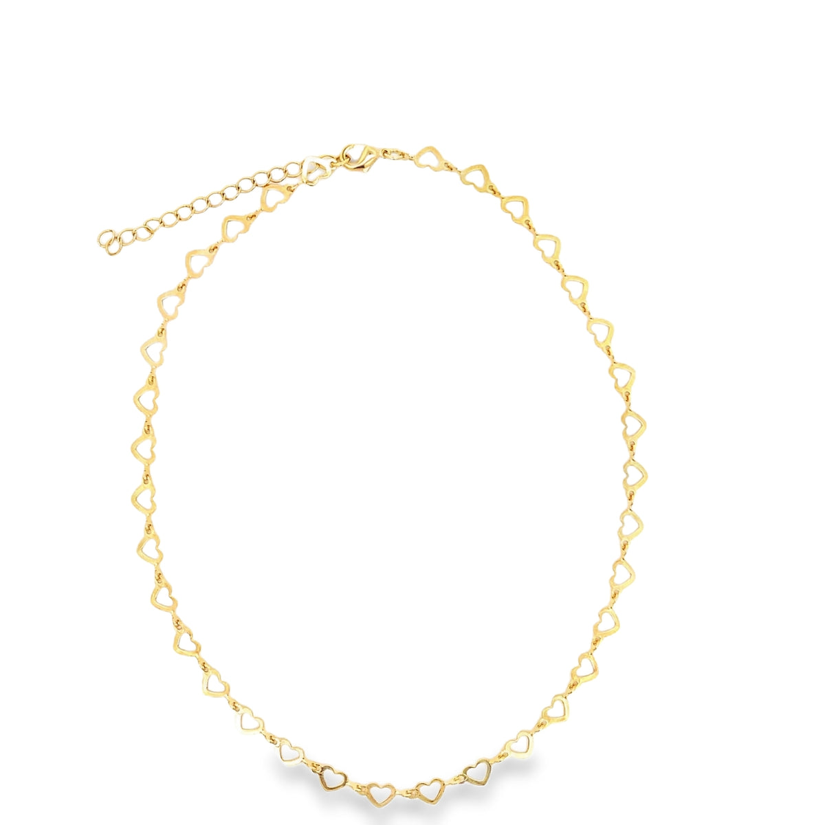 A delicate gold chain necklace featuring an array of interconnected heart-shaped links displays an adjustable clasp against a clean white background.