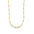 A gold chain necklace displays colorful, rectangular gemstone stations in pastel shades of pink, blue, green, and purple.