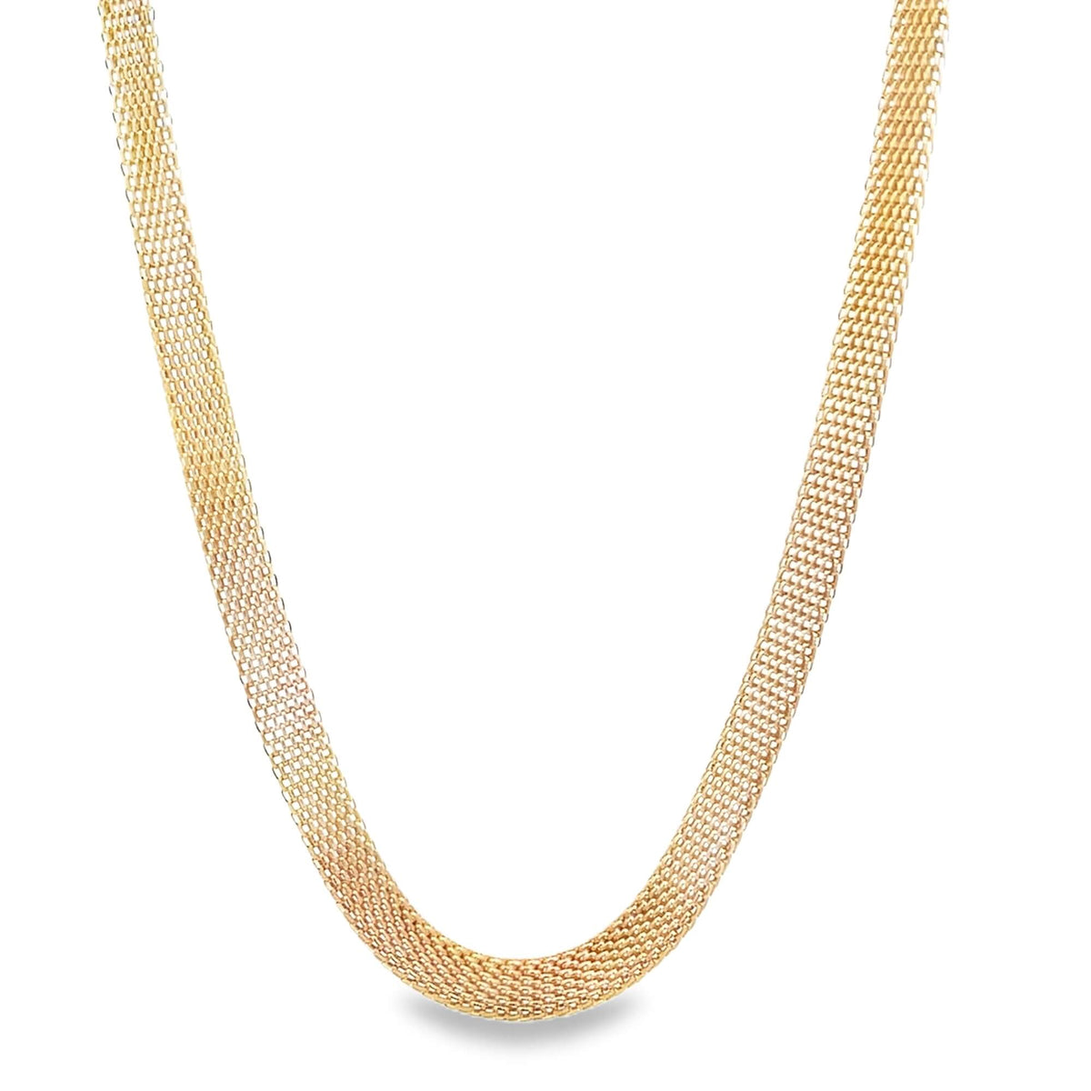 A gleaming gold mesh necklace drapes elegantly against a plain white background.
