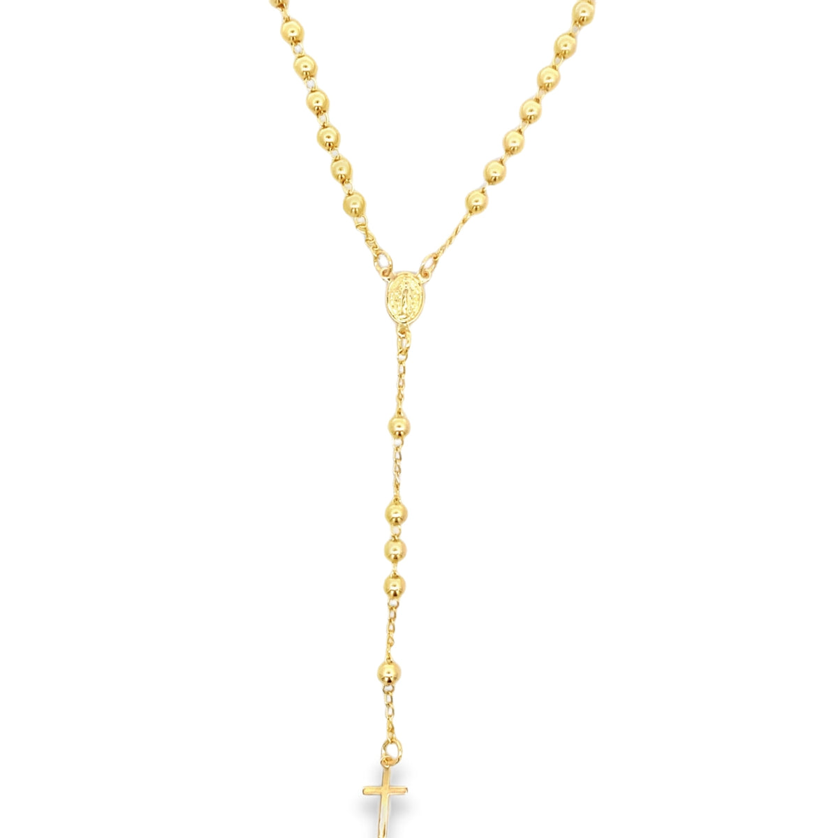 A polished yellow gold rosary necklace features smooth spherical beads, a delicate chain, and a dangling crucifix against a clean white background.