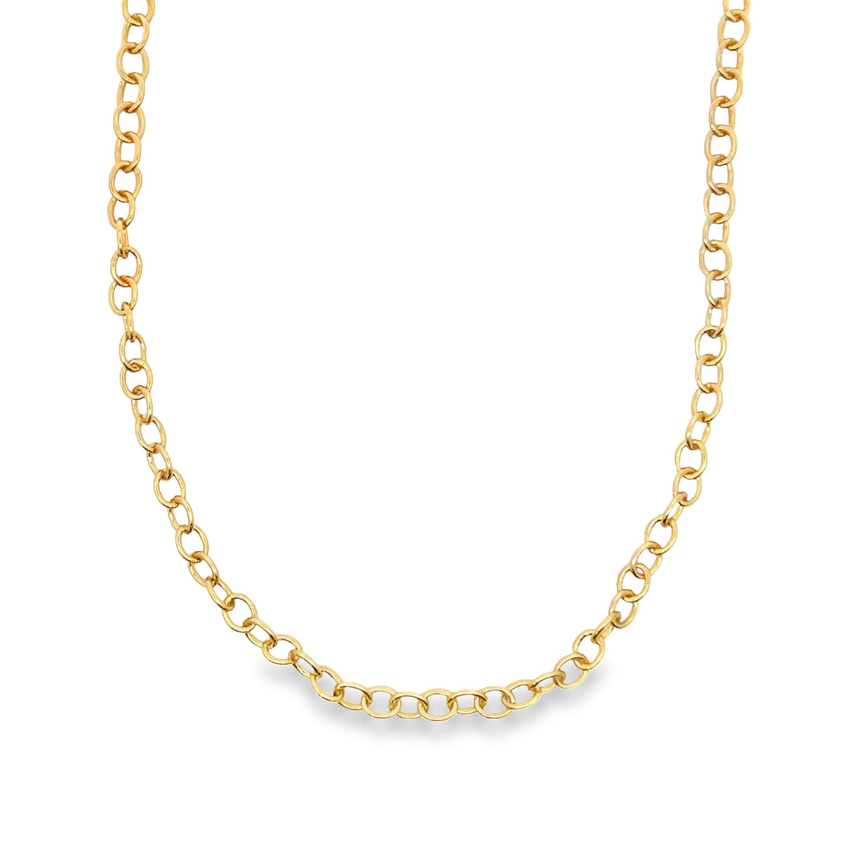 A classic gold chain necklace showcases interlocking round links against a clean white background.