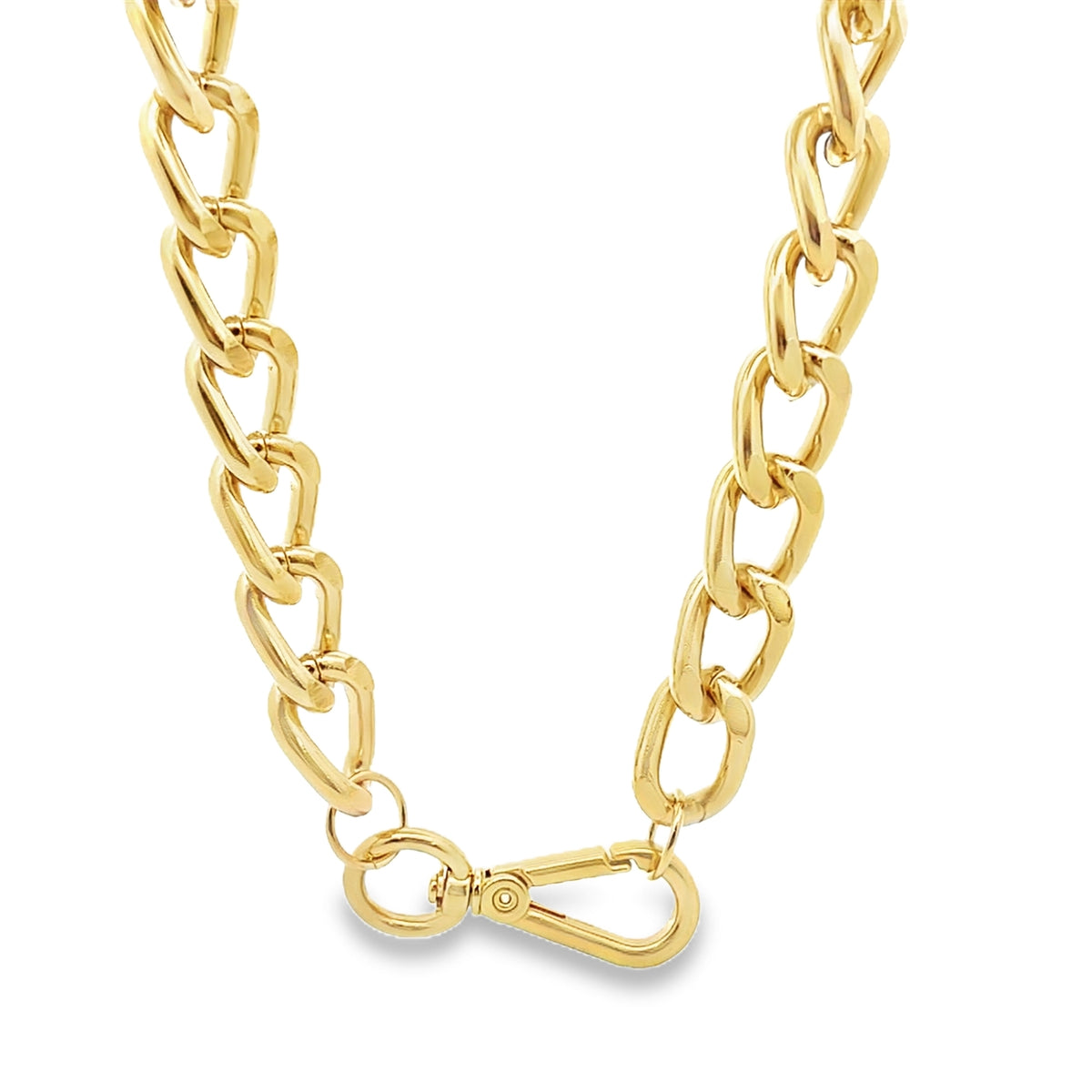 A thick, polished gold chain necklace features interlocking links and a secure lobster claw clasp against a plain white background.