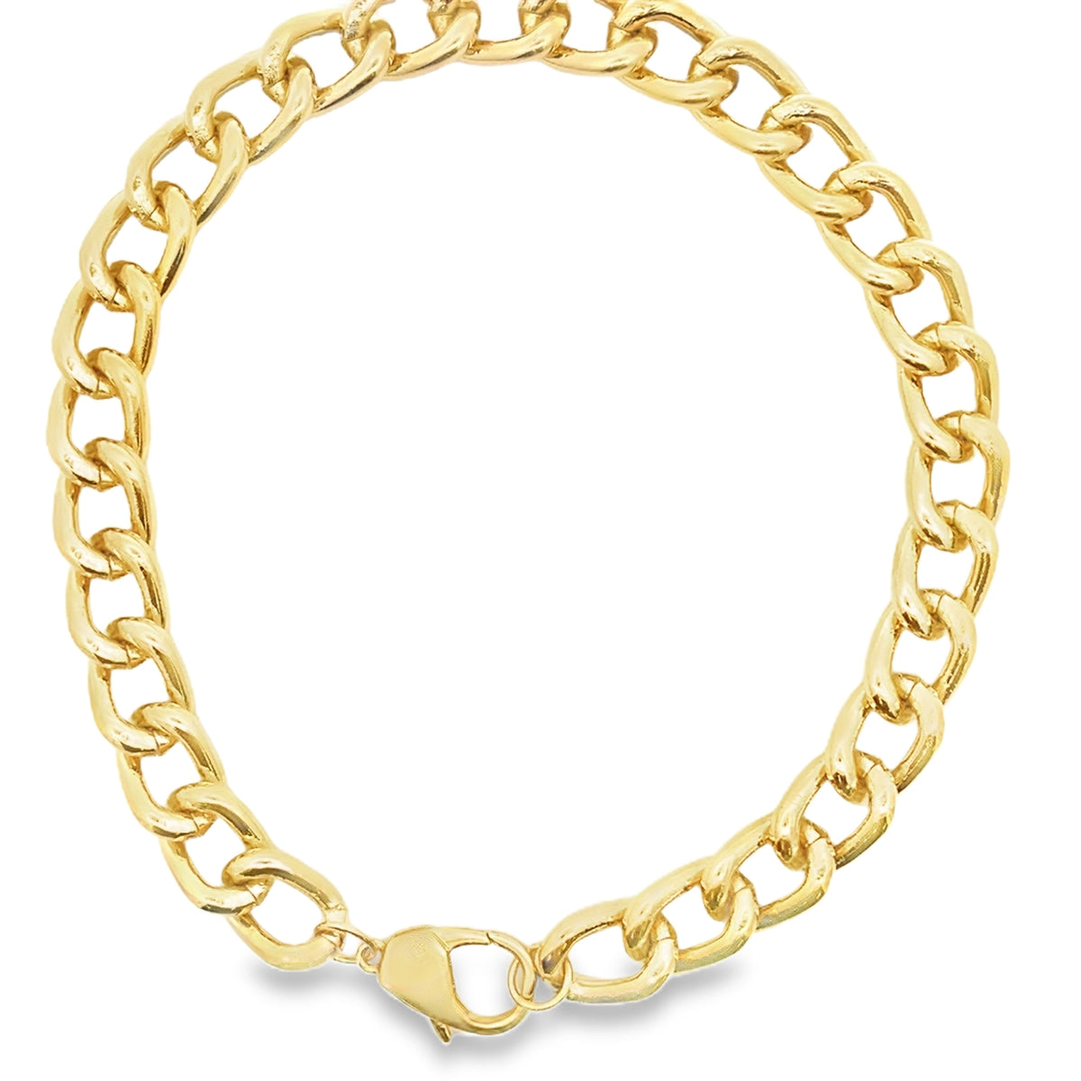 A thick gold chain bracelet curls in a circle against a white background.