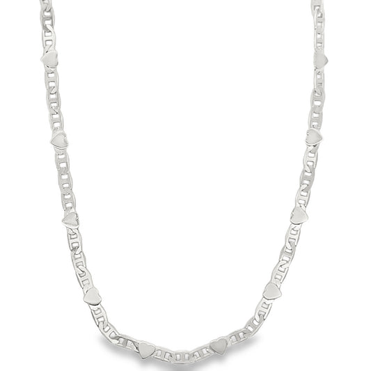 A delicate silver heart-link chain necklace rests against a clean white background.
