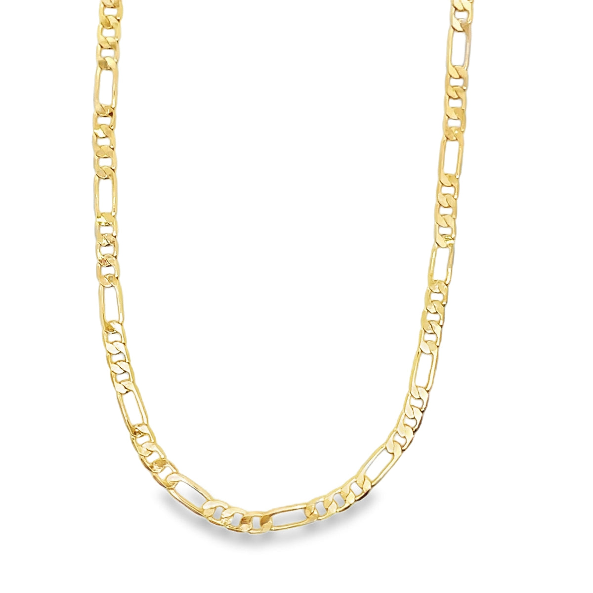 A shiny yellow gold Figaro chain necklace hangs against a white background.