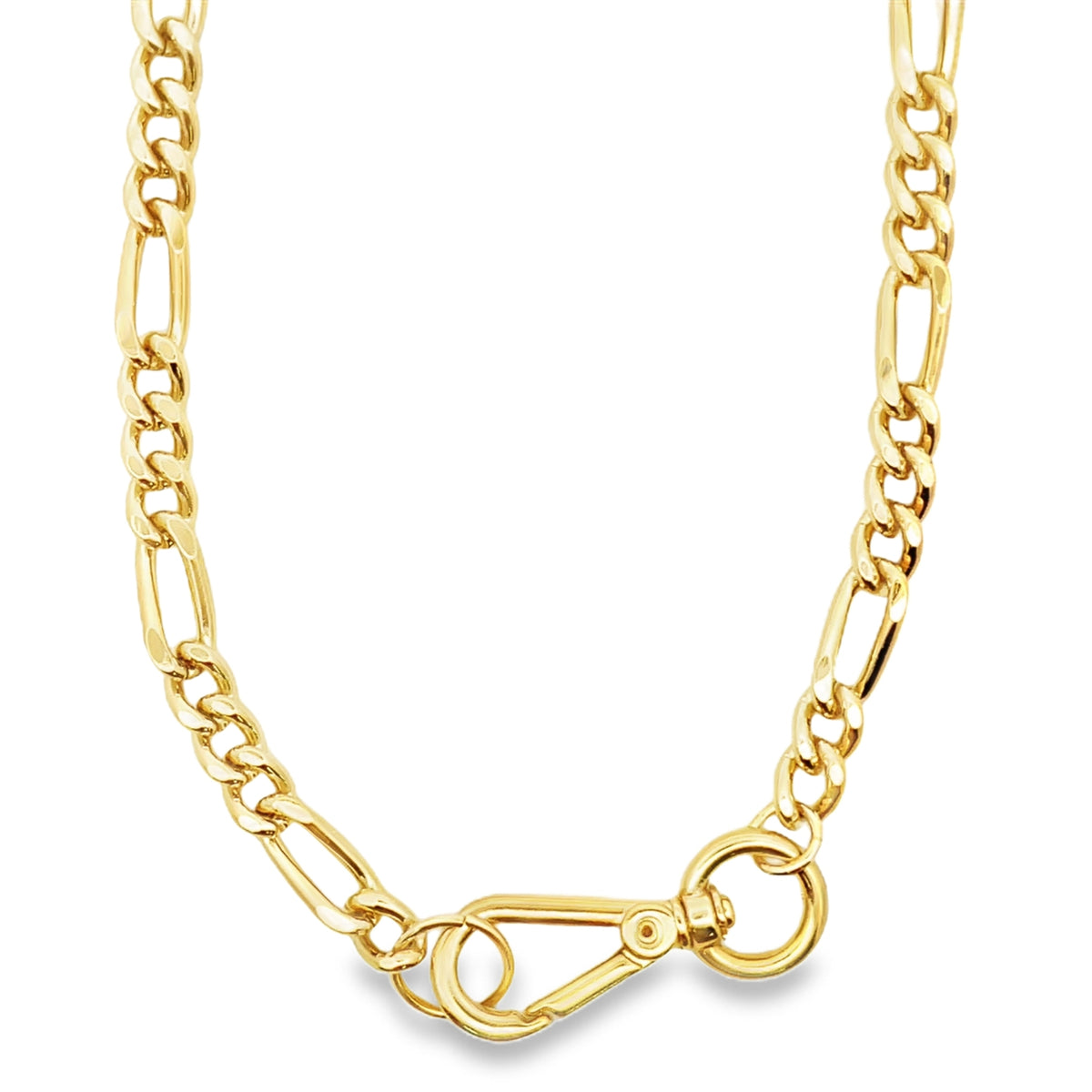 A shiny gold Figaro chain necklace features a secure spring ring clasp and distinctive interlocking links against a white background.