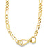 A shiny gold Figaro chain necklace features a secure spring ring clasp and distinctive interlocking links against a white background.