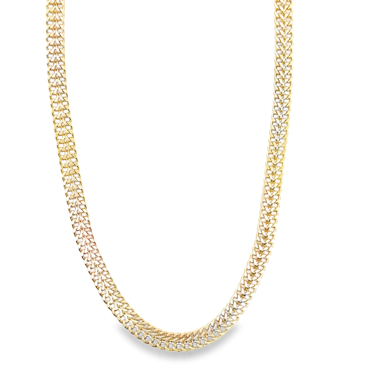 A thick, intricately woven gold chain necklace hangs against a clean white background.