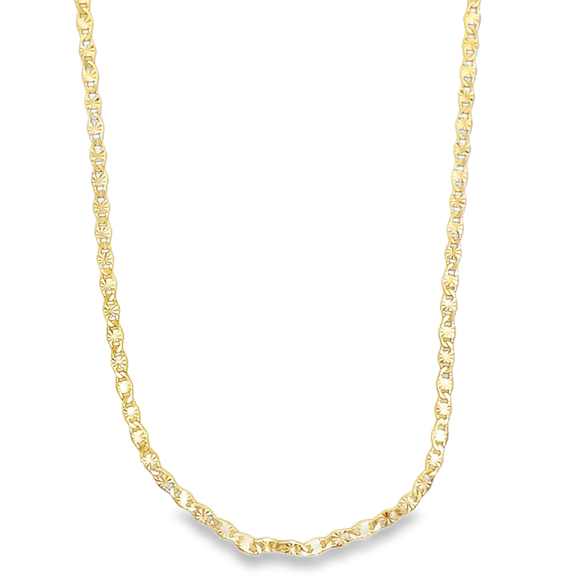 A delicate yellow gold chain necklace displays an intricate, textured link design against a clean white background.