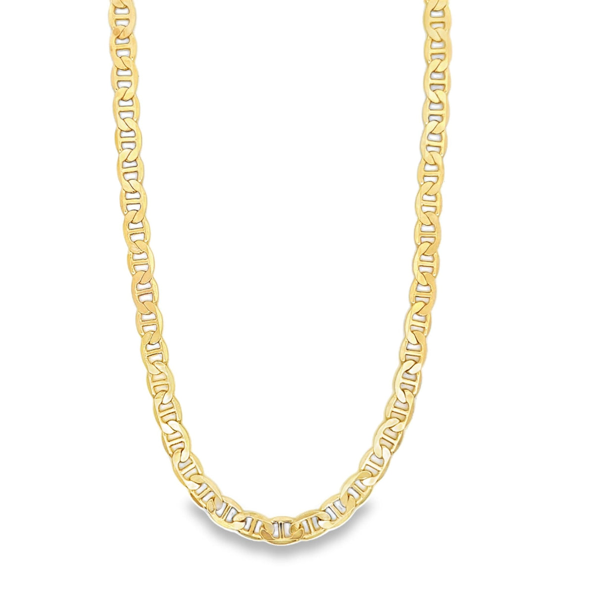 A polished yellow gold mariner link chain necklace displays its intricate interlocking pattern against a clean white background.