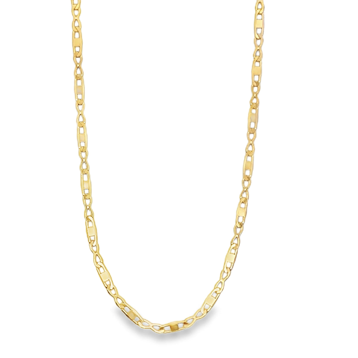 A polished yellow gold mariner link chain necklace drapes against a clean white background.