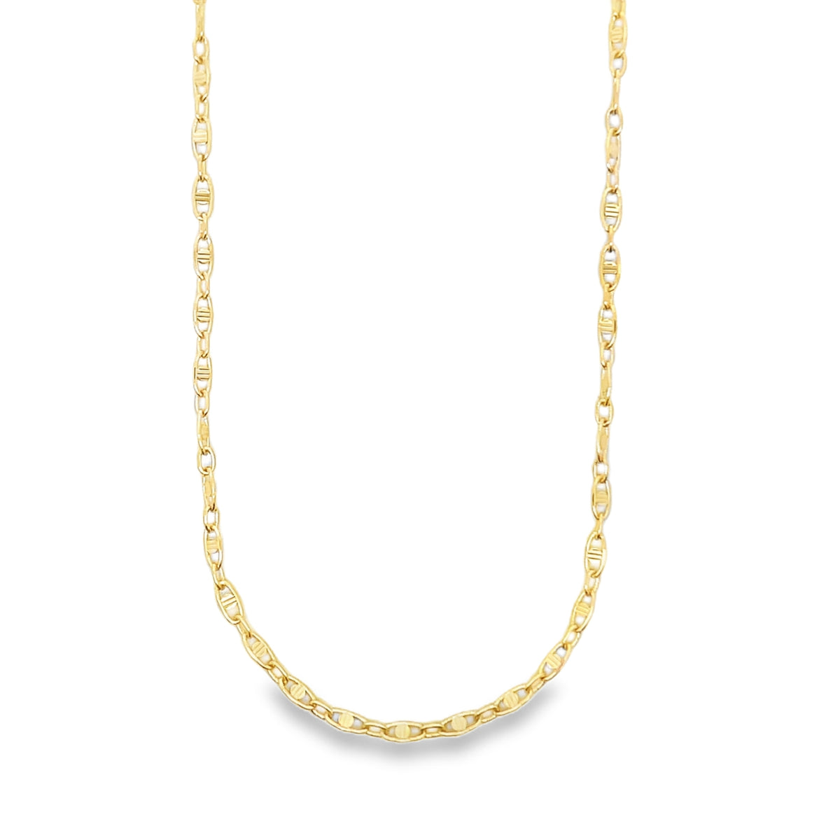 A gleaming gold mariner link chain necklace drapes elegantly against a plain white background.