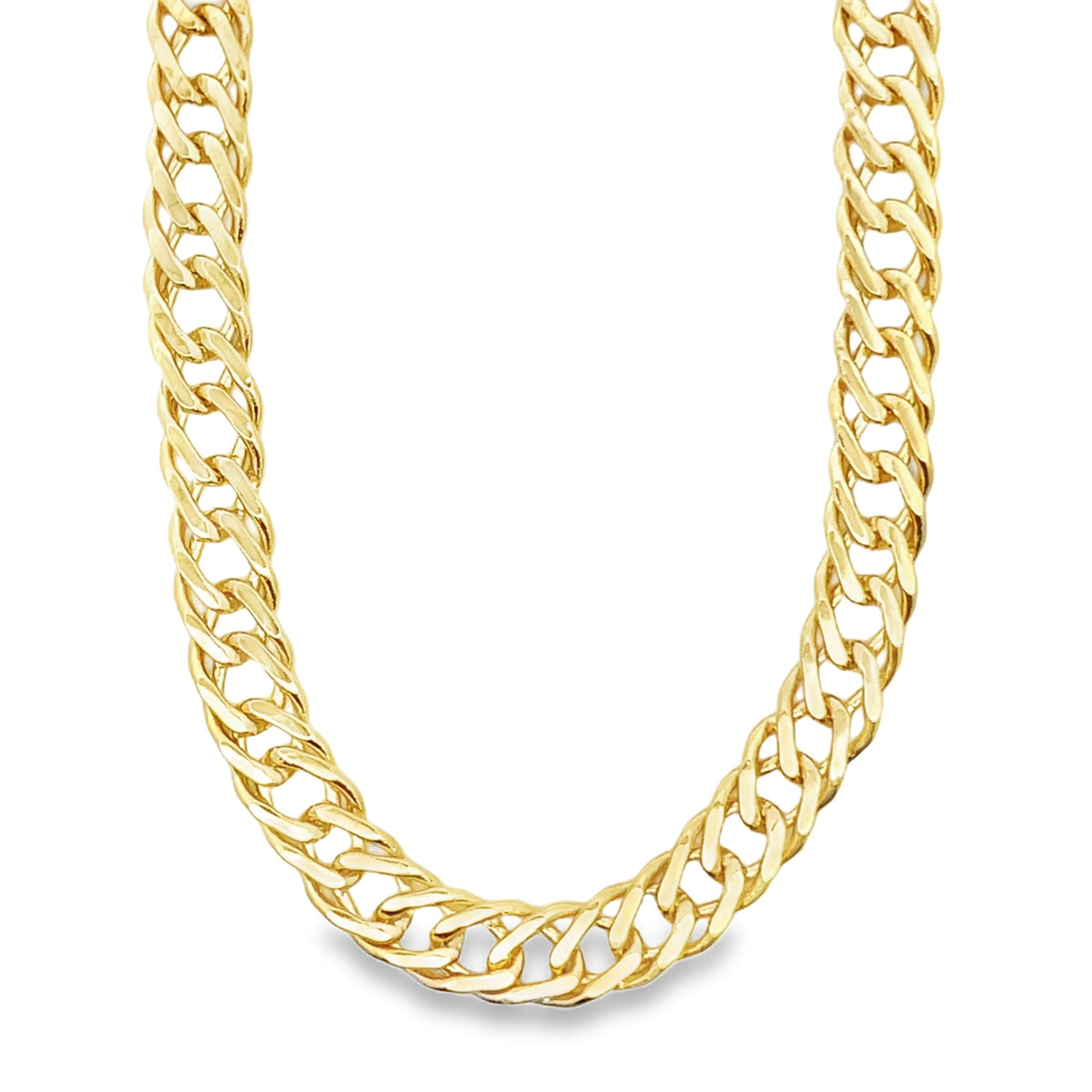 A thick, polished yellow gold Miami Cuban link chain gleams against a clean white background.