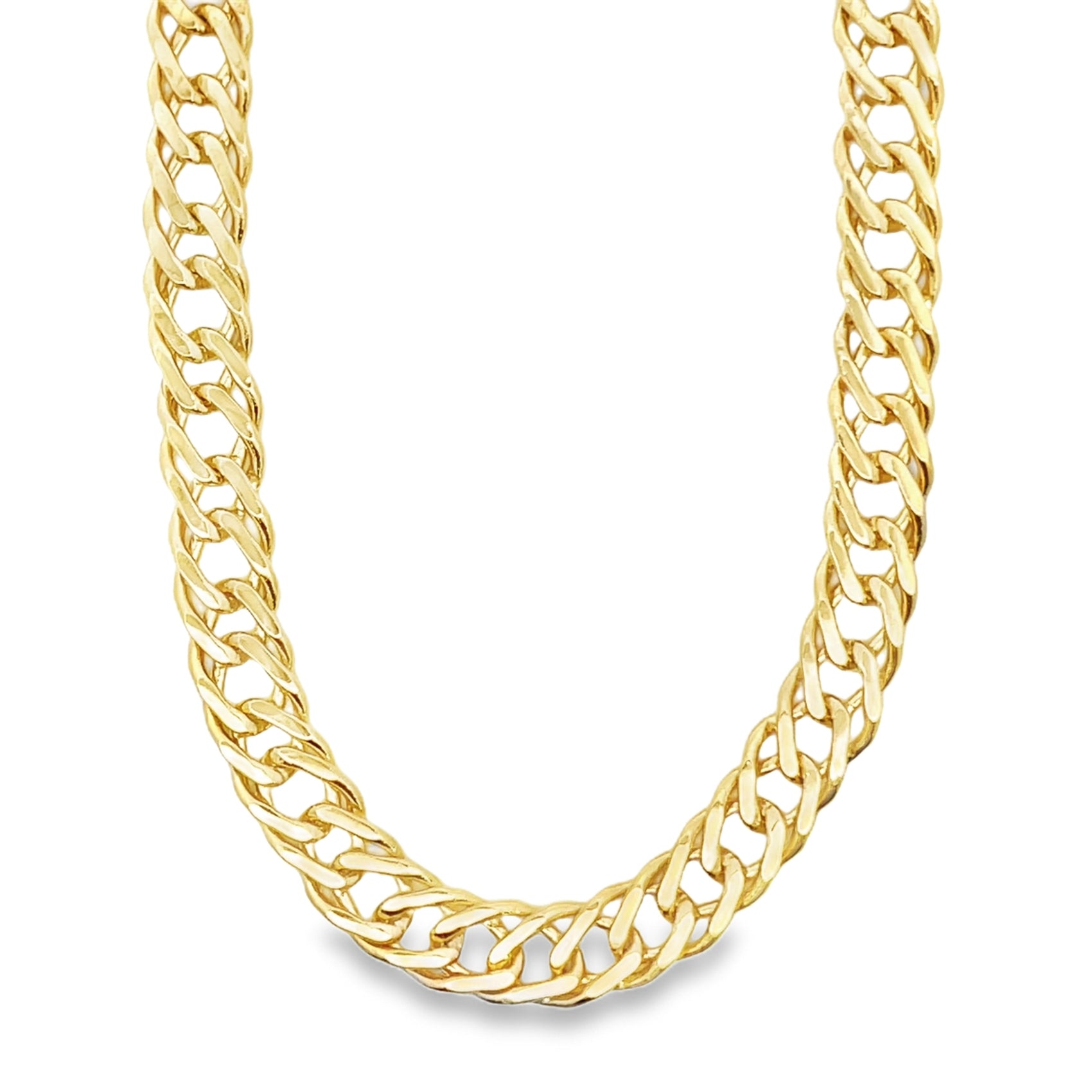A thick, polished yellow gold Miami Cuban link chain gleams against a clean white background.