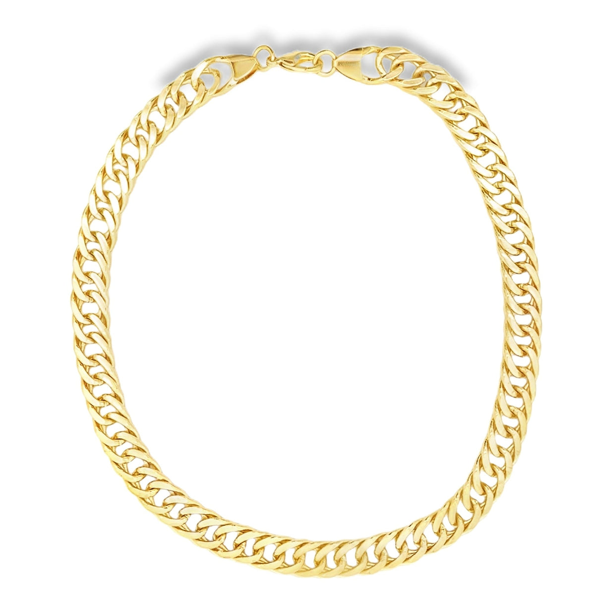 A thick gold cuban link chain necklace gleams against a plain white background.