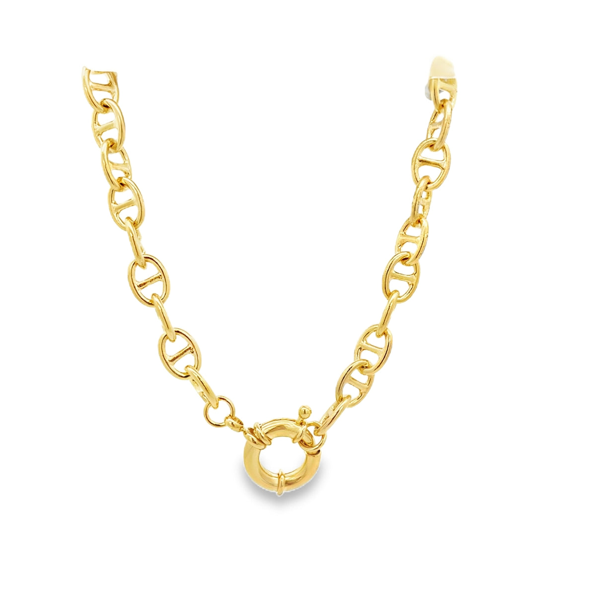 A polished gold mariner link necklace features a secure round spring ring clasp centered against a clean white background.