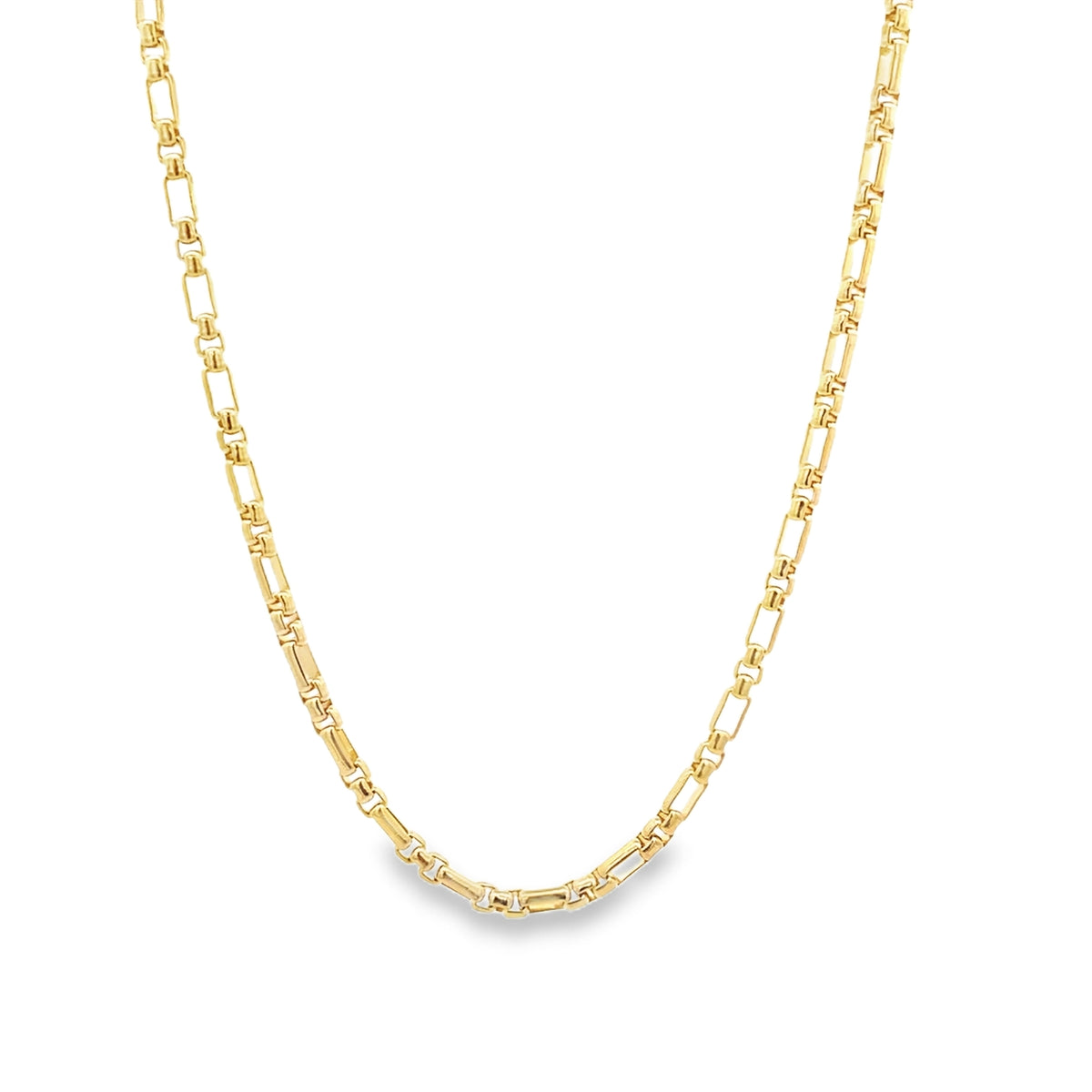 A delicate yellow gold chain necklace with a unique alternating link design drapes against a clean white background.