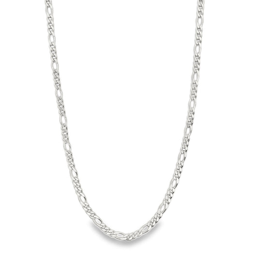 A shiny sterling silver Figaro chain necklace drapes in a graceful curve against a clean white background.