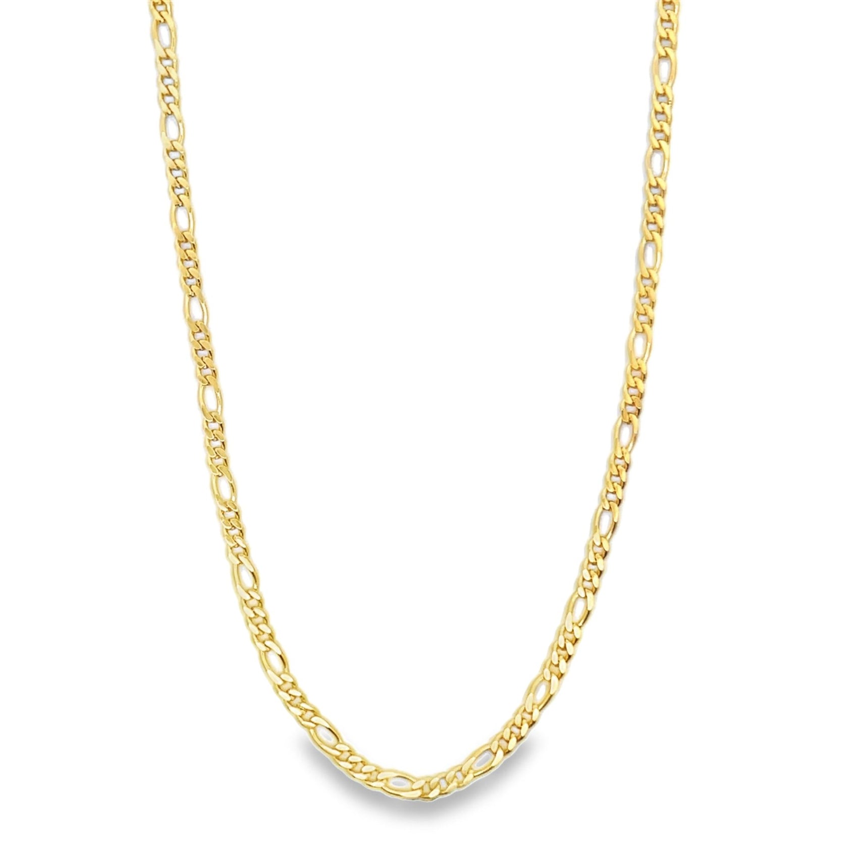 A polished yellow gold Figaro chain necklace rests in a gentle curve against a clean white background.