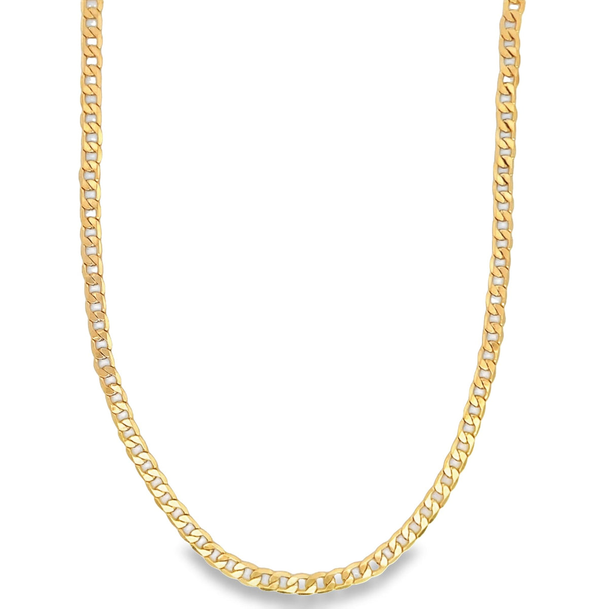 A classic gold cuban link chain necklace drapes against a clean white background.