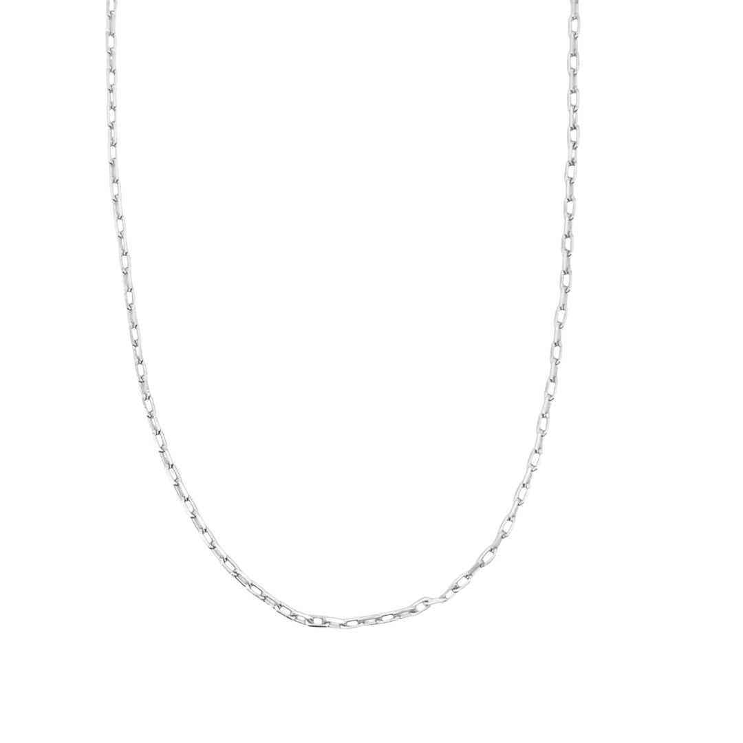 A delicate silver paperclip chain necklace drapes against a clean white background.