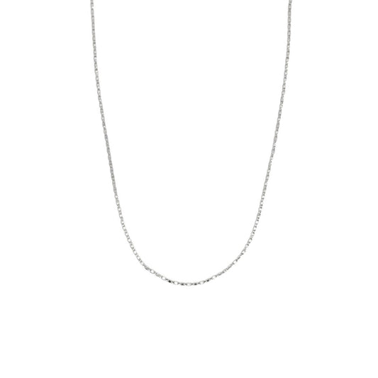 A delicate silver chain necklace drapes against a clean white background.