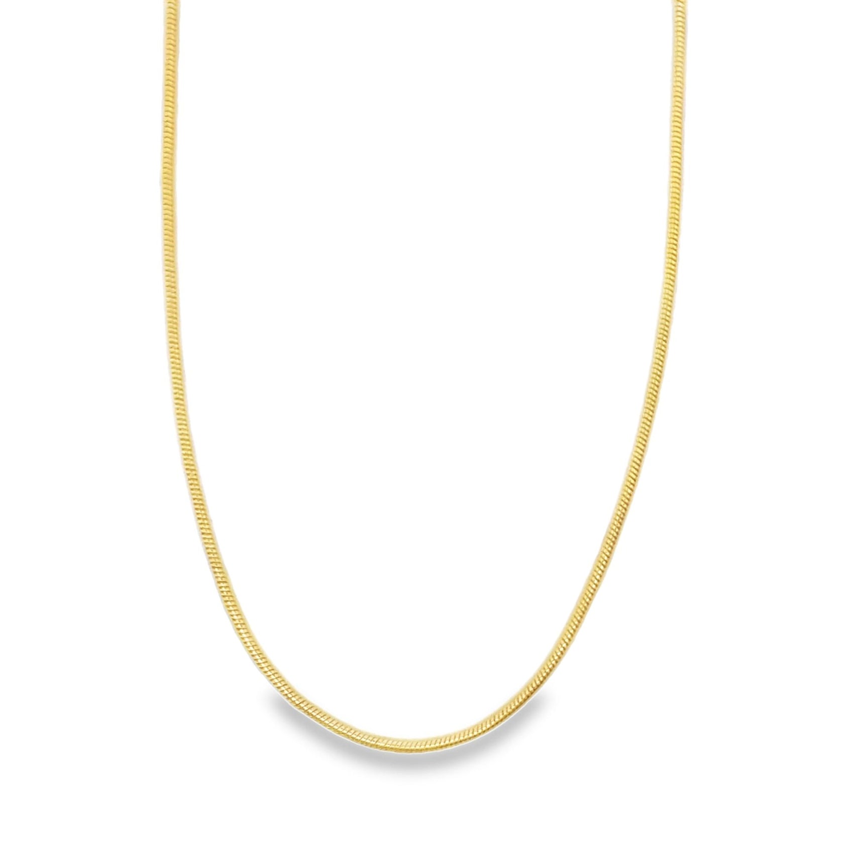 A delicate gold snake chain necklace rests in a smooth U-shape against a plain white background.