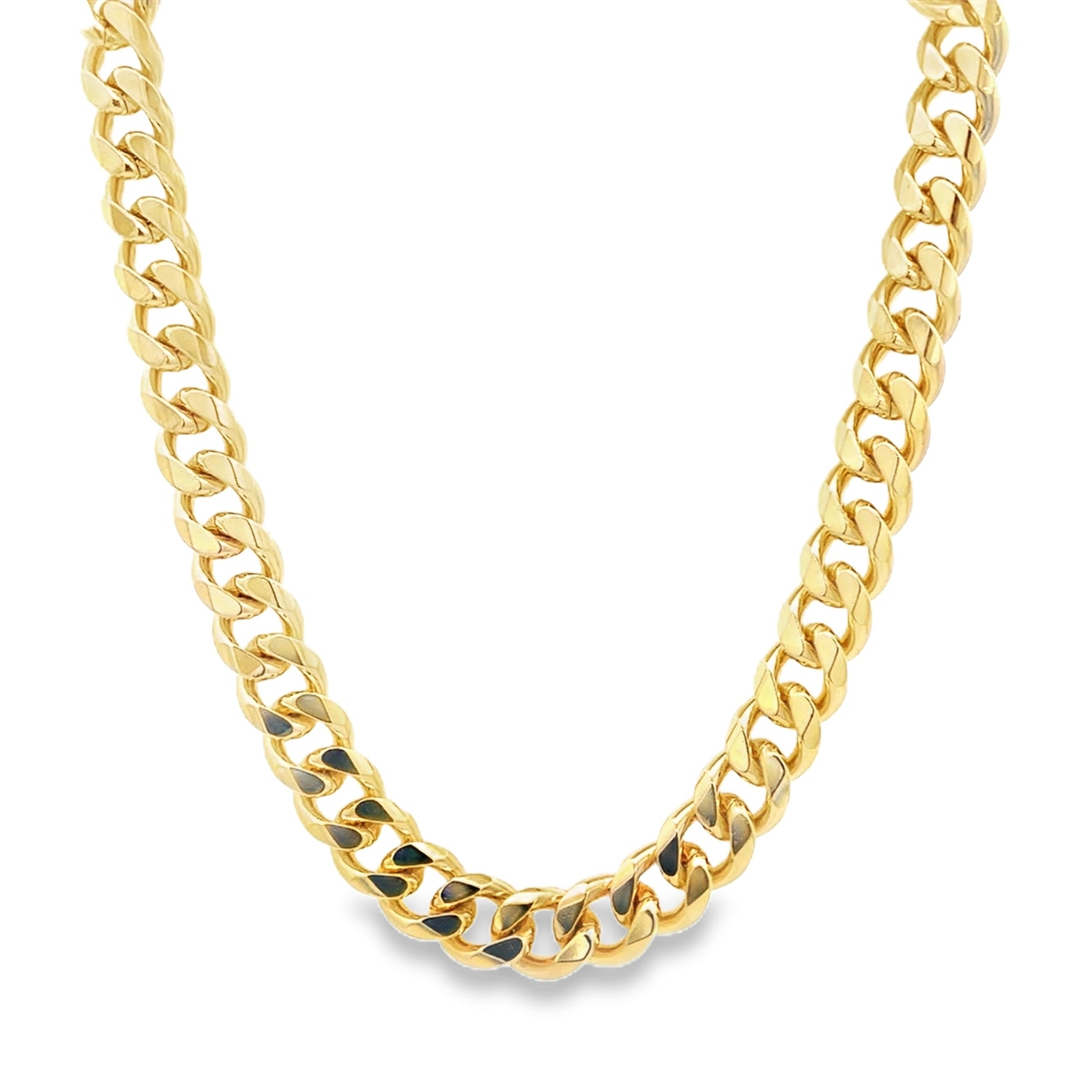 A thick, polished gold cuban link chain displays a bold, interlocking design against a clean white background.