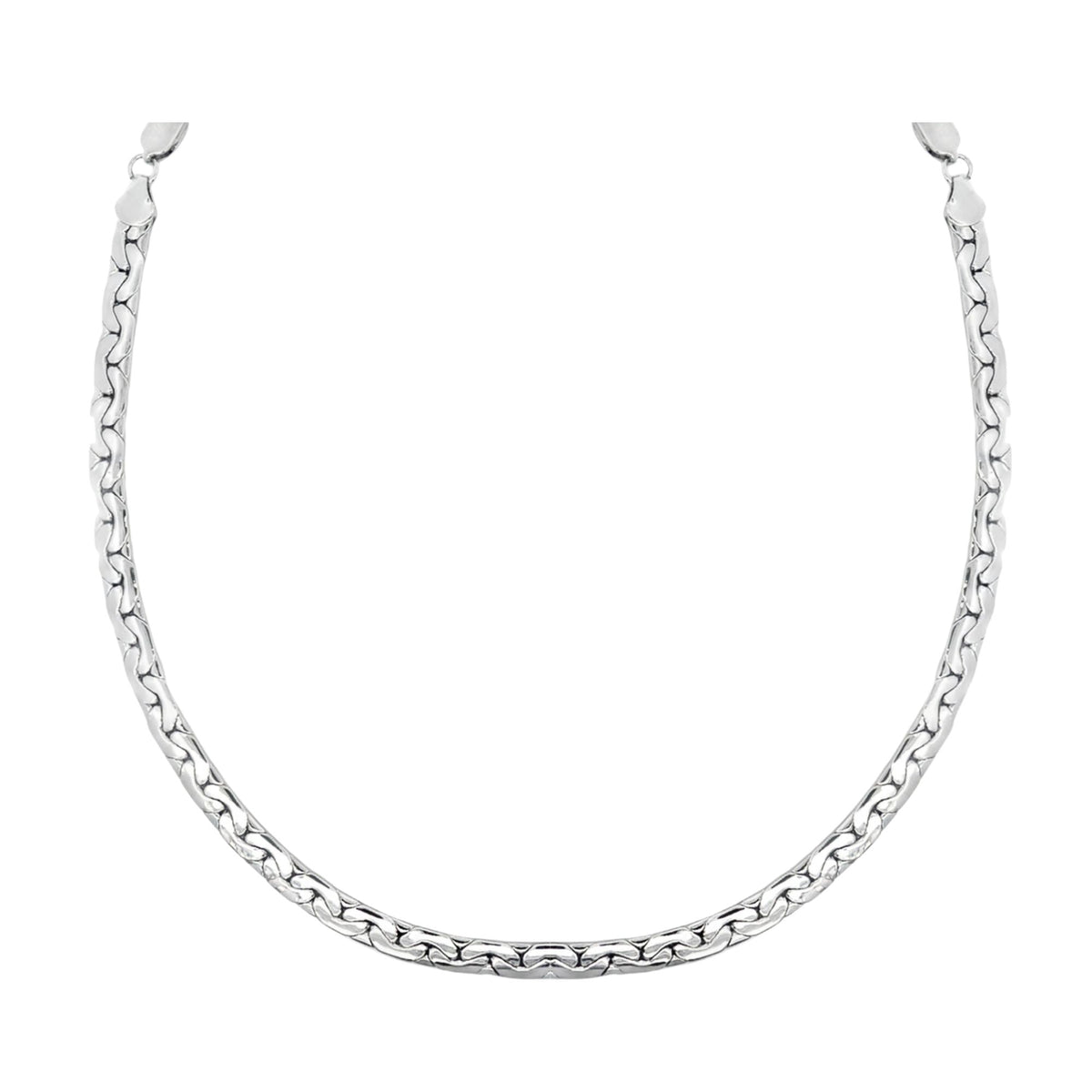A polished silver chain necklace curves gracefully against a plain white background.