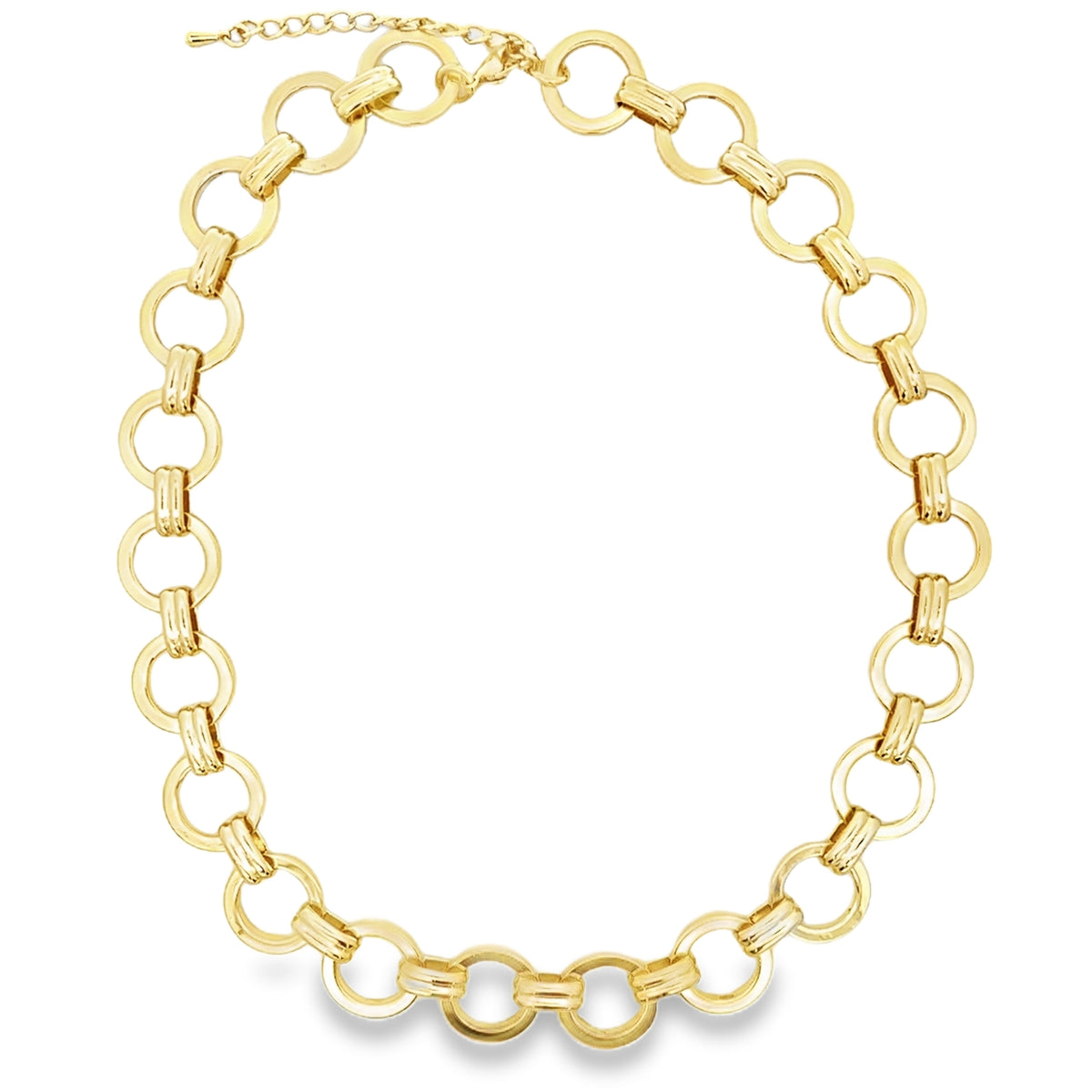 A gold link chain necklace features interlocking circular links arranged in a bold, geometric design against a clean white background.