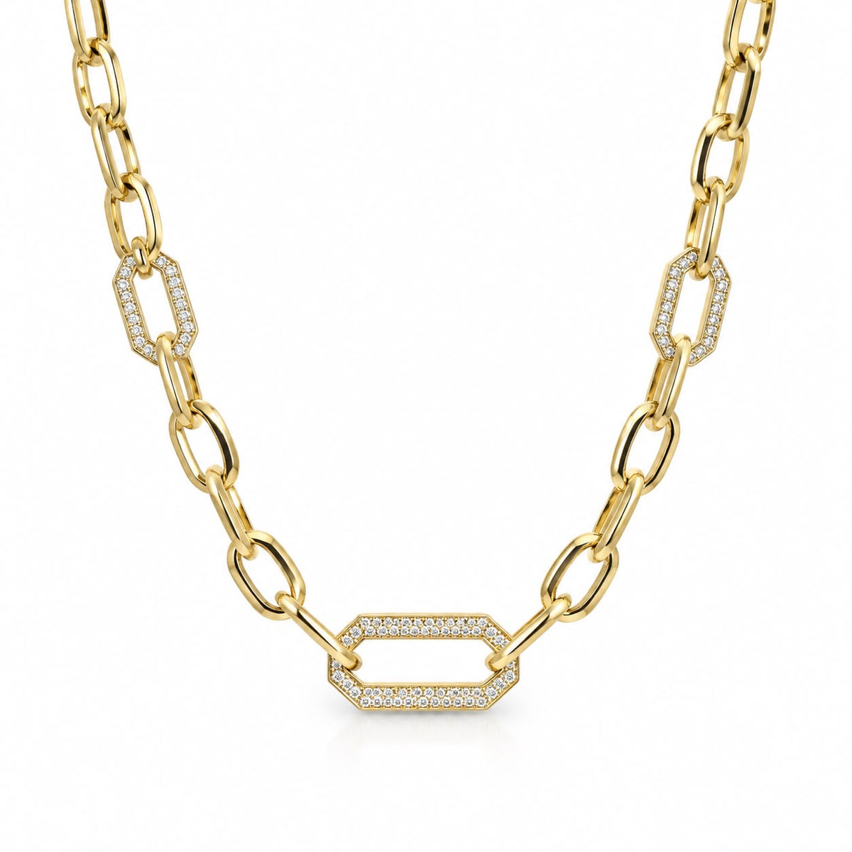 Thick Oval Paperclip Necklace featuring pave CZ geometric links. Available in 18K Gold Filled and Rhodium Filled for a modern, luxurious finish.