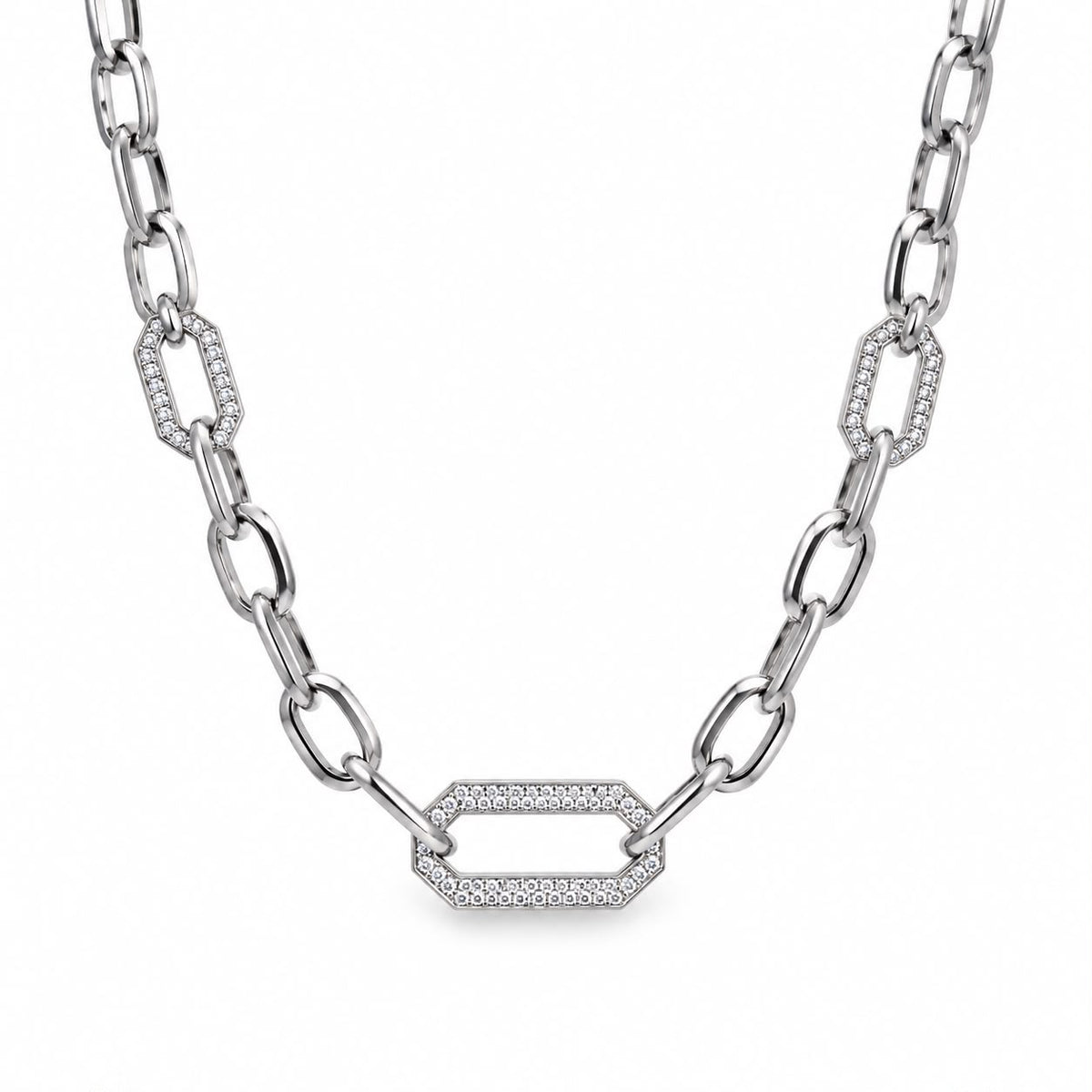 Thick Oval Paperclip Necklace featuring pave CZ geometric links. Available in 18K Gold Filled and Rhodium Filled for a modern, luxurious finish.