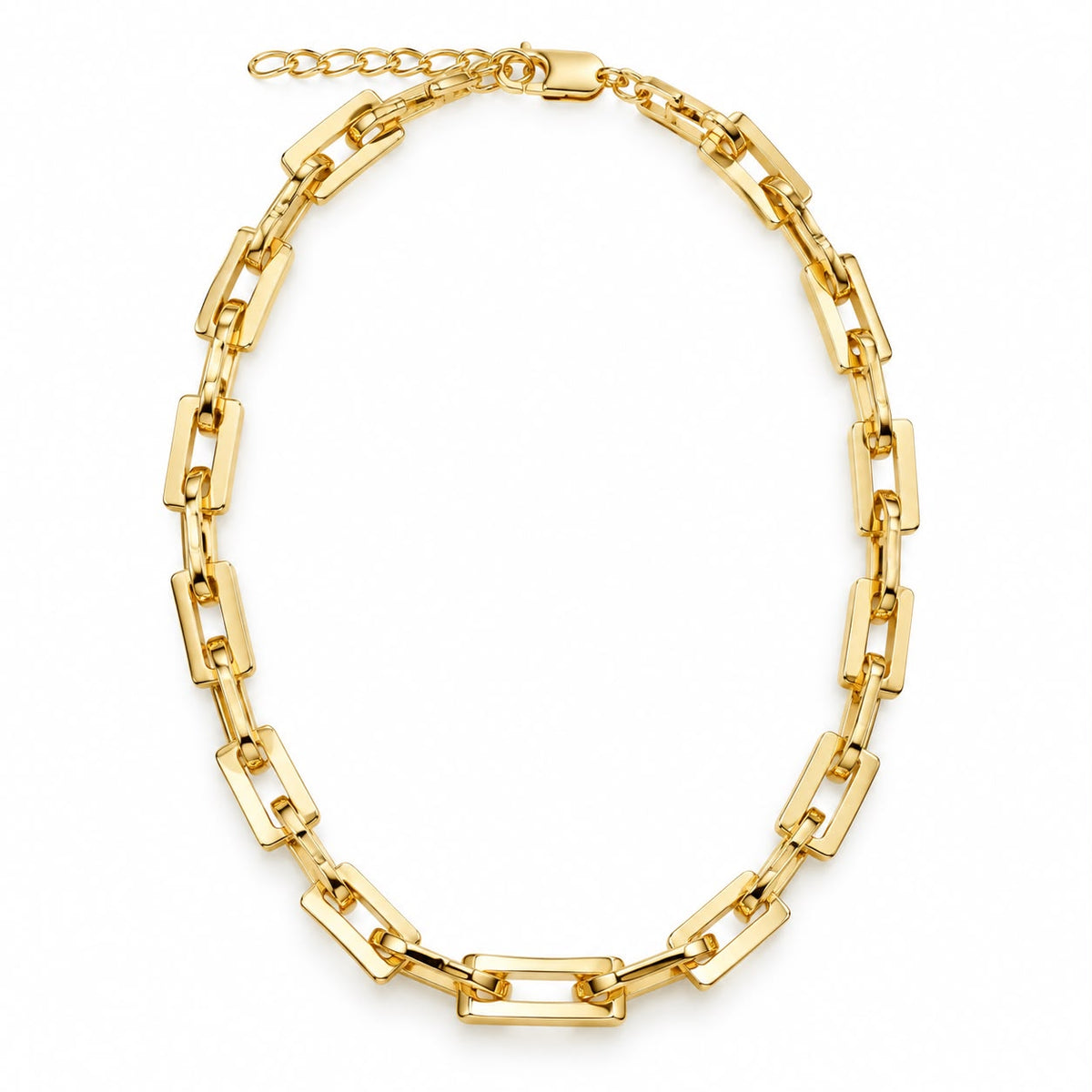 Discover a modern rectangular link necklace with a polished finish and bold statement design. Available in 18K Gold Filled and Rhodium Filled finishes.