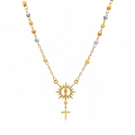 Elegant Saint Jude rosary necklace crafted in 18K gold filled finish featuring a radiant saint centerpiece, delicate two tone bead detailing, CZ accents, and a classic cross pendant.