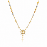 Elegant Saint Jude rosary necklace crafted in 18K gold filled finish featuring a radiant saint centerpiece, delicate two tone bead detailing, CZ accents, and a classic cross pendant.