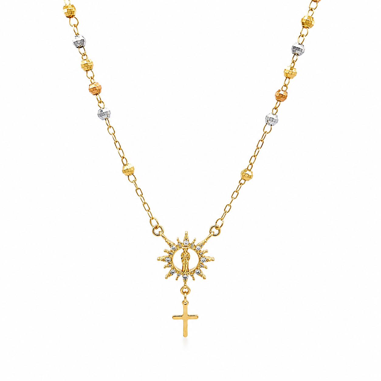 Elegant Saint Jude rosary necklace crafted in 18K gold filled finish featuring a radiant saint centerpiece, delicate two tone bead detailing, CZ accents, and a classic cross pendant.
