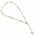Elegant 18K gold filled rosary necklace featuring a Virgin Mary medal and cross pendant. Available in multiple sizes and thickness options for timeless everyday wear.
