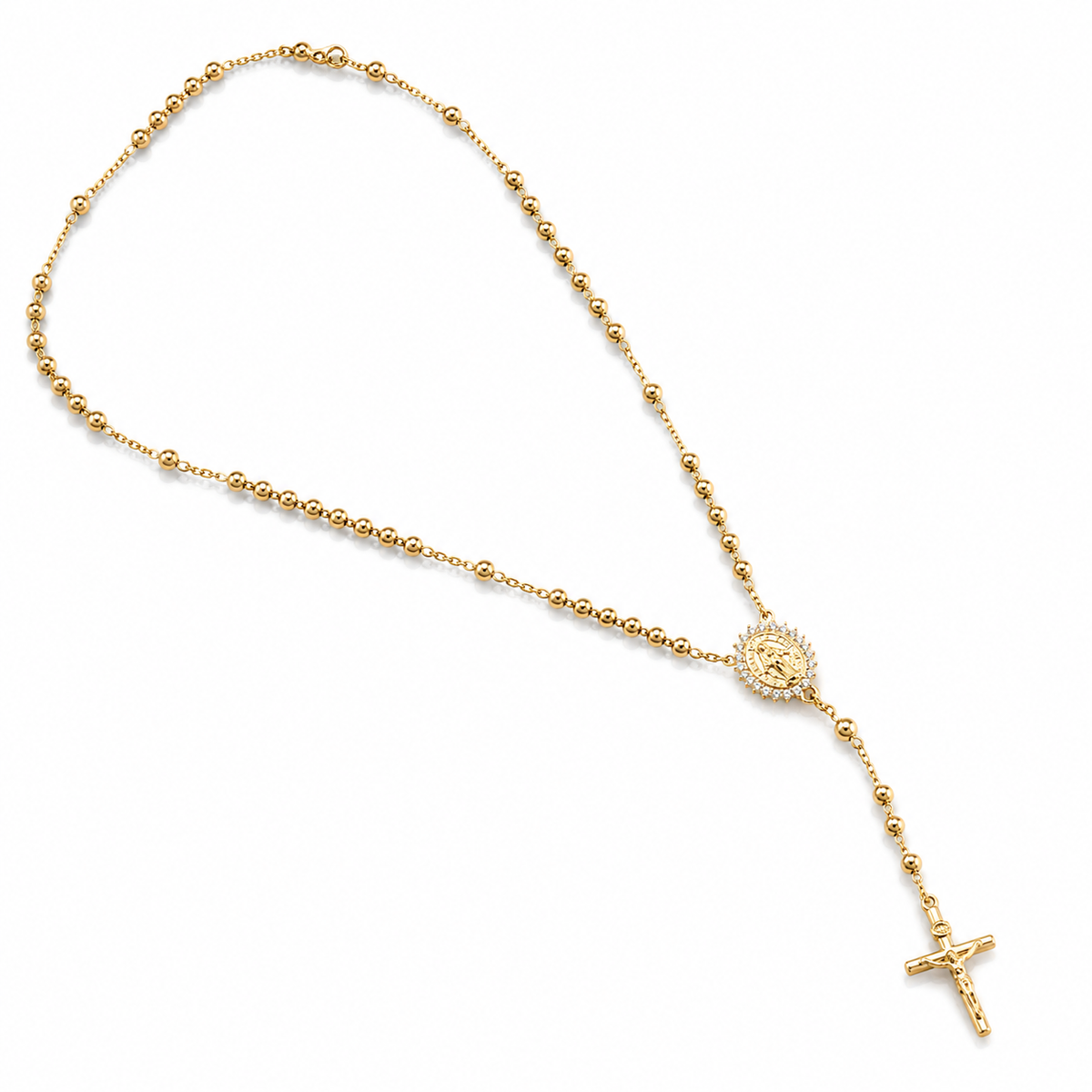 Elegant 18K gold filled rosary necklace featuring a Virgin Mary medal and cross pendant. Available in multiple sizes and thickness options for timeless everyday wear.