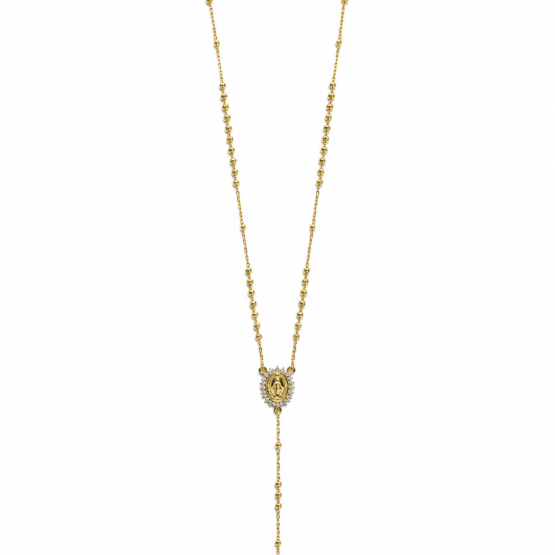 Elegant 18K gold filled rosary necklace featuring a Virgin Mary medal and cross pendant. Available in multiple sizes and thickness options for timeless everyday wear.