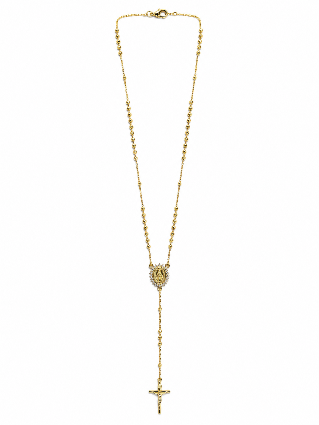 Elegant 18K gold filled rosary necklace featuring a Virgin Mary medal and cross pendant. Available in multiple sizes and thickness options for timeless everyday wear.