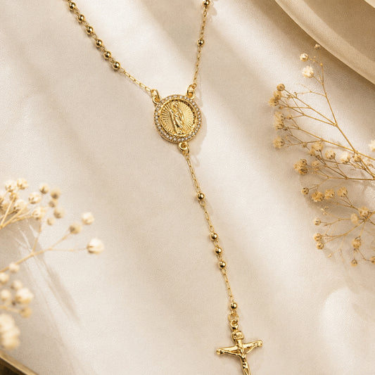 Elegant Saint Jude rosary necklace crafted in 18K gold filled finish with CZ accents and cross pendant. A timeless Catholic-inspired lariat necklace perfect for everyday wear and meaningful gifting.