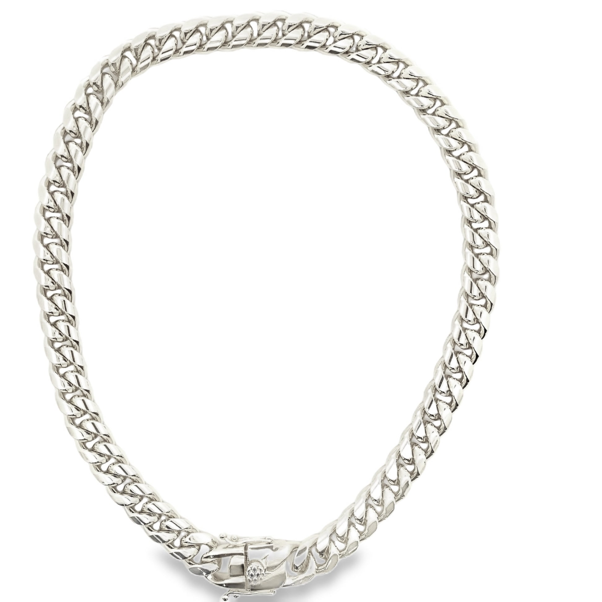 A thick, polished silver Cuban link chain necklace curves gracefully against a clean white background.