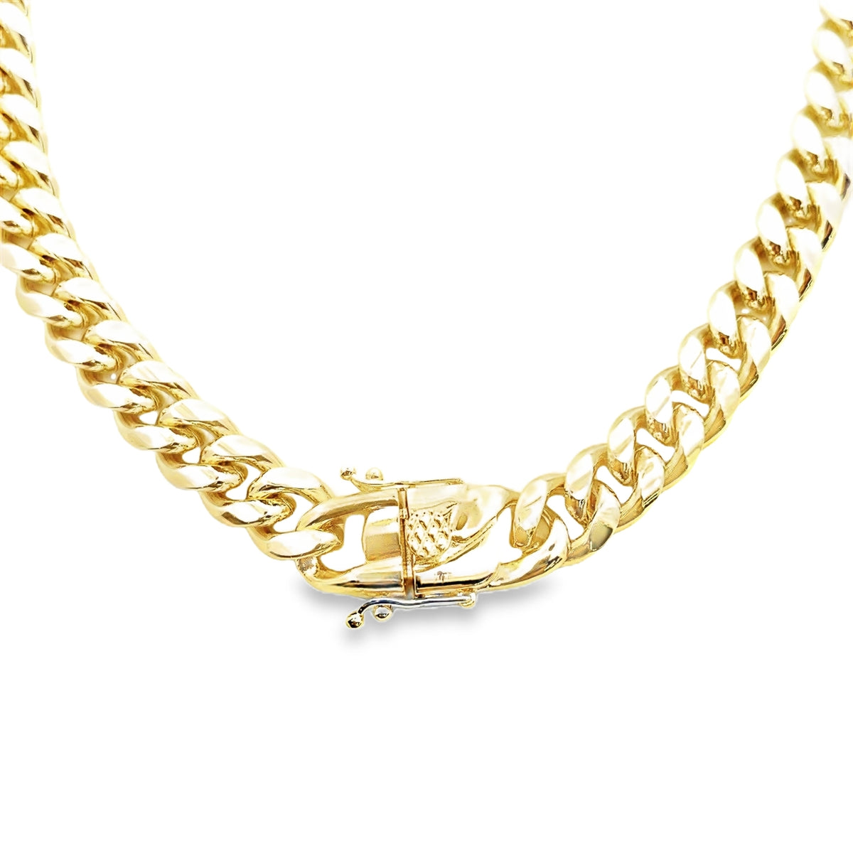 A thick yellow gold Miami Cuban link chain displays its secure box clasp against a clean white background.