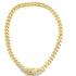 A thick gold Cuban link chain lies in a circle against a white background.