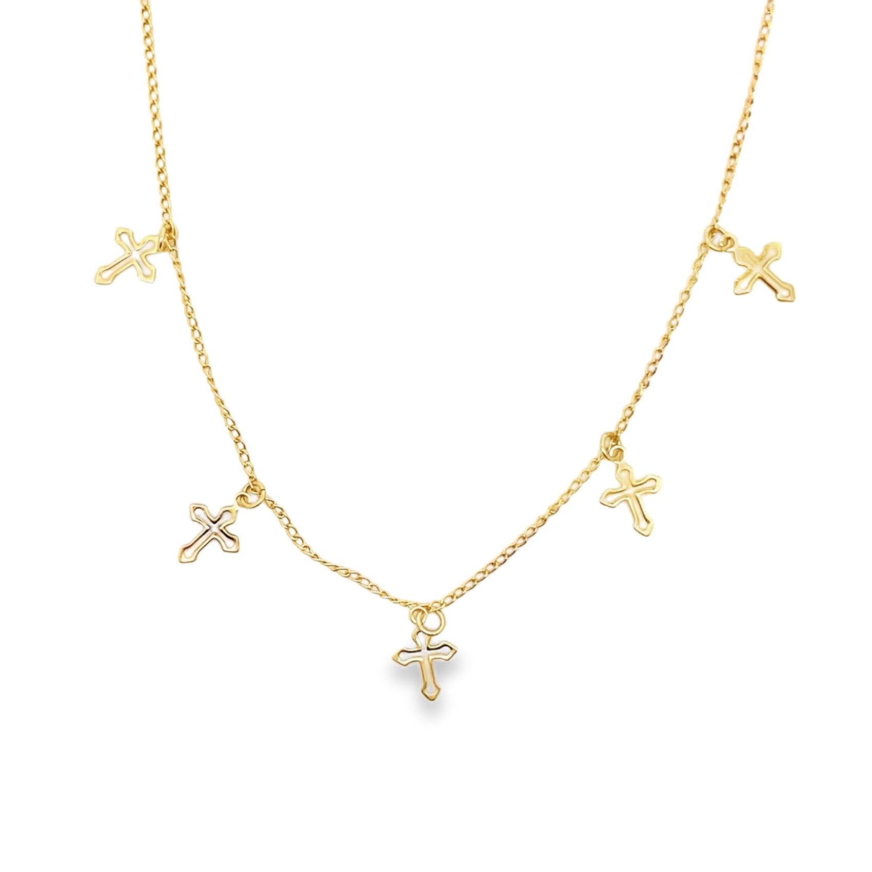 A delicate gold chain necklace features five dangling cross charms against a plain white background.