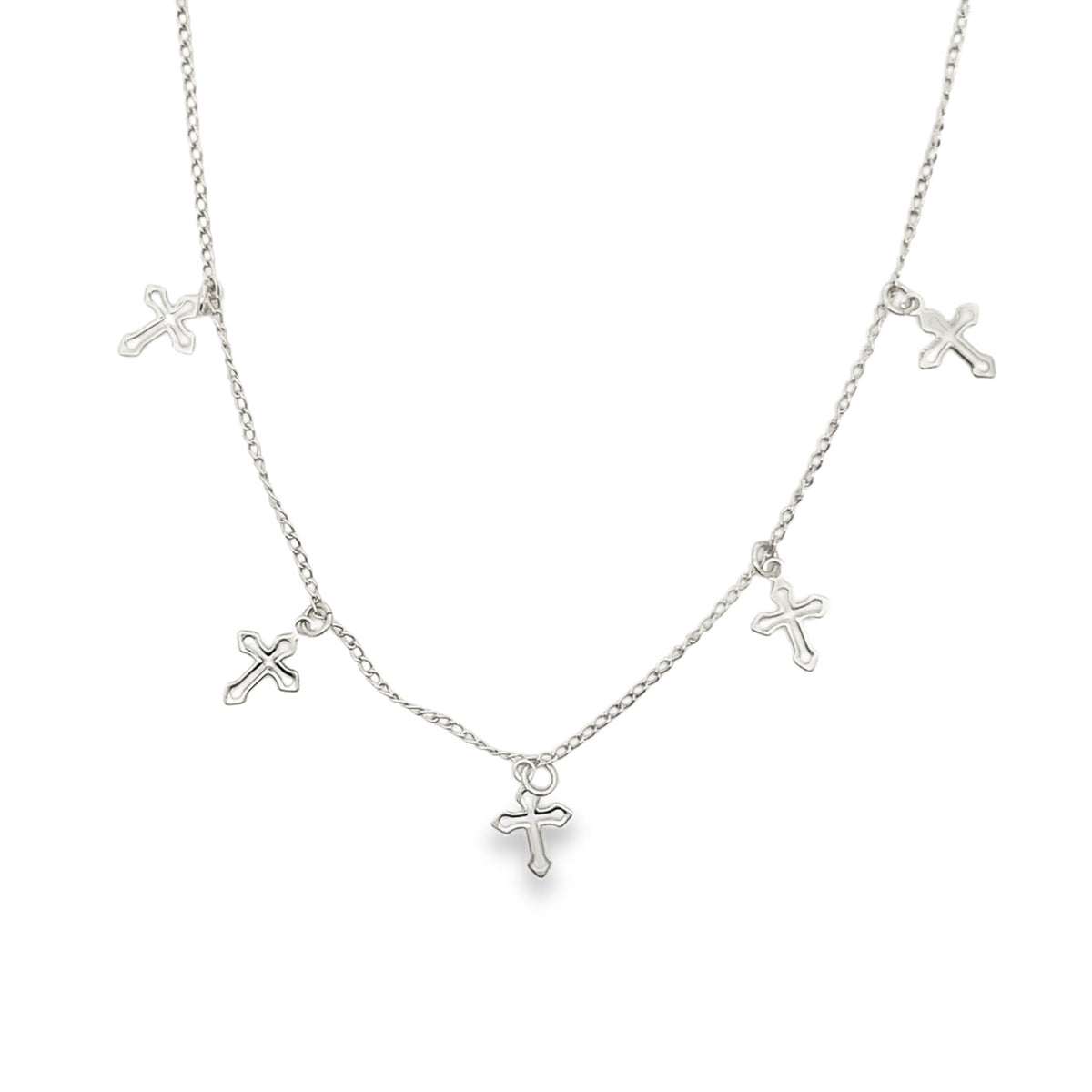 A delicate silver chain necklace features multiple dangling cross charms against a clean white background.