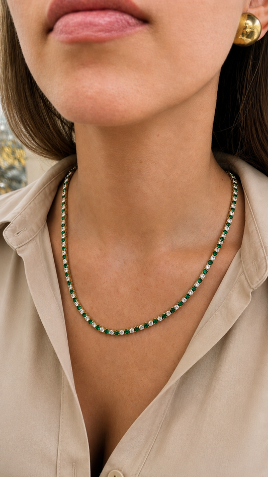 Elegant 3mm CZ tennis necklace with alternating colored and clear bezel stones. Available in gold filled and silver-tone finishes. Perfect for layering or everyday luxury styling.