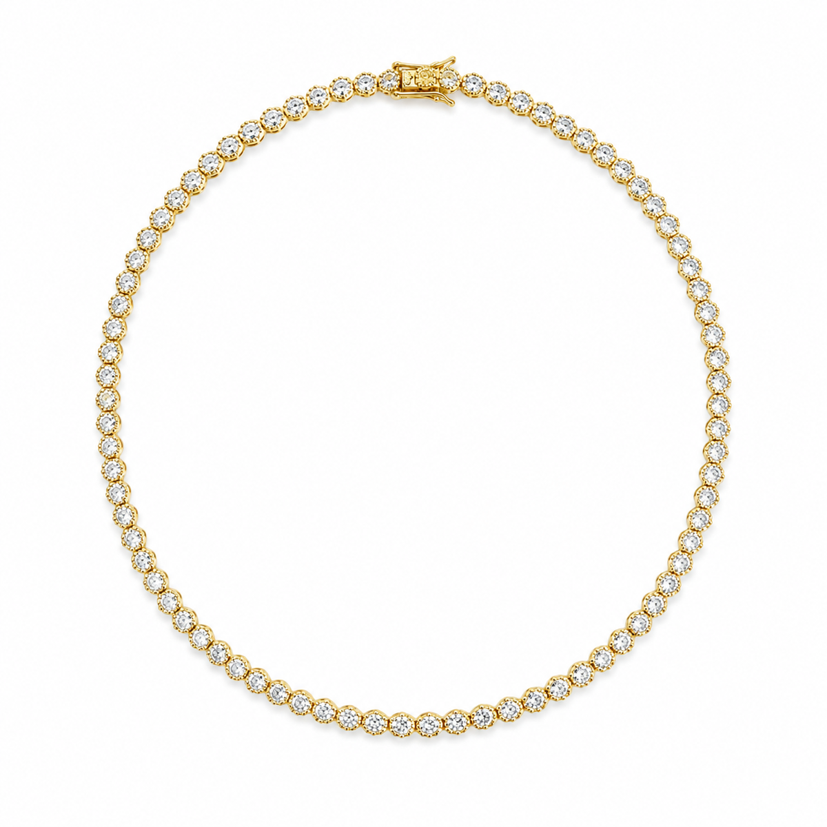 A sparkling gold diamond tennis necklace forms a complete circle on a clean white background.